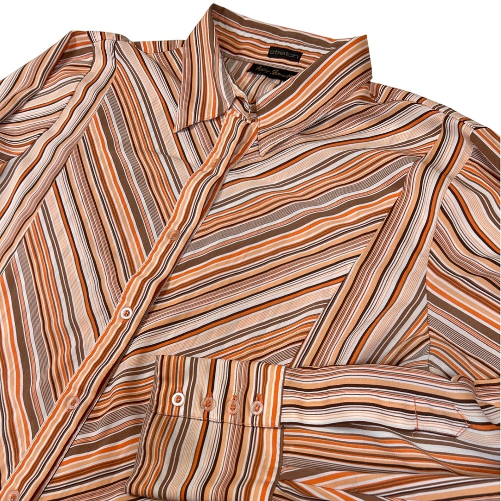 Ashley Stewart Womens 16W Orange Brown Striped Stretch Button Down Blouse Shirt
